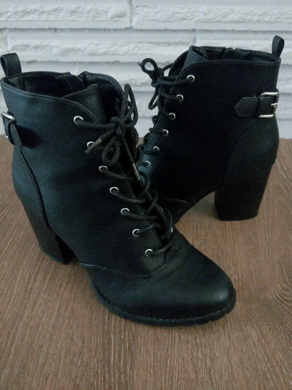 Brash Black Lace-Up Block Heel Ankle Booties with Buckle